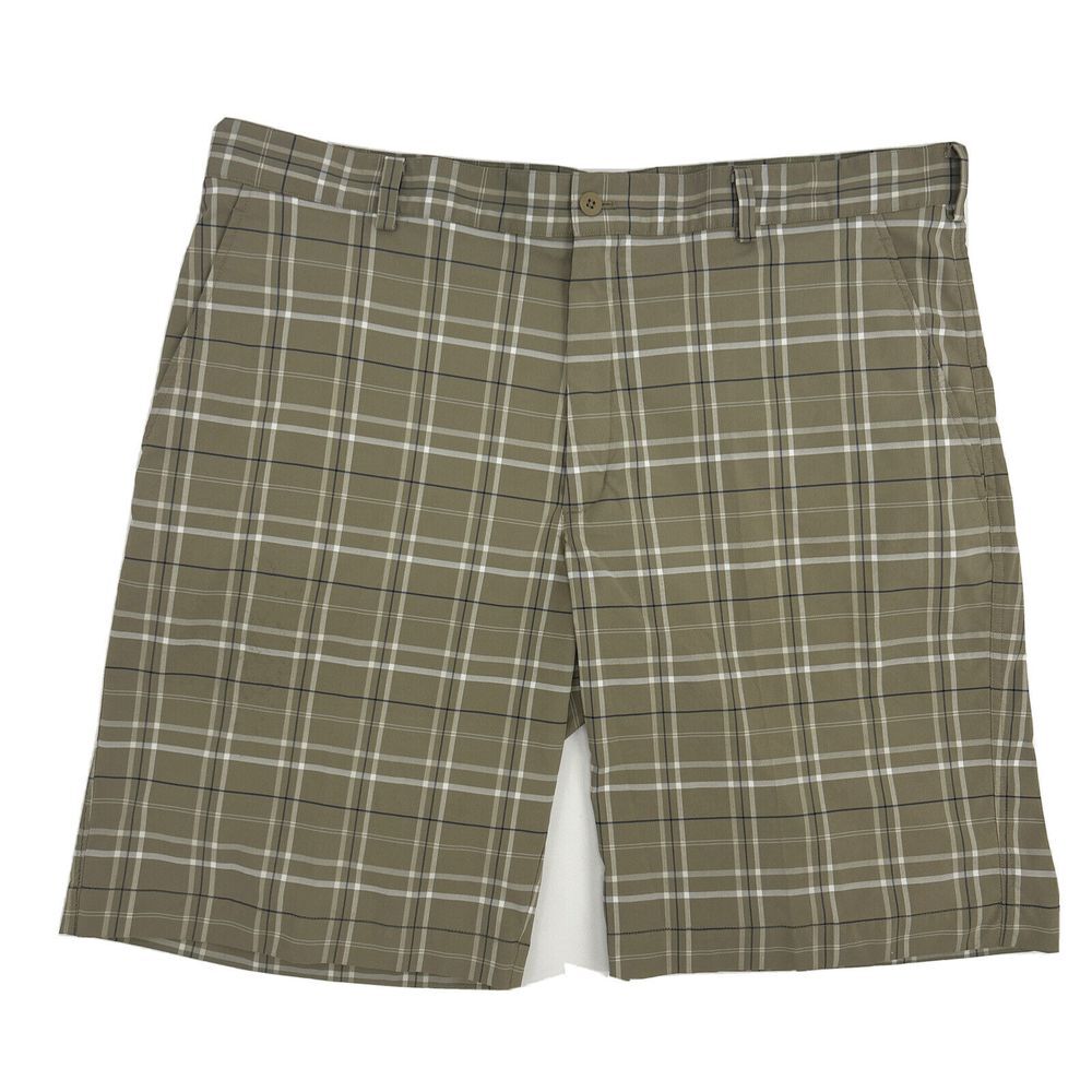 Nike Golf Shorts‎ Men's 40 Tan White Blue Plaid Flat Front Chino Casual Dri-Fit